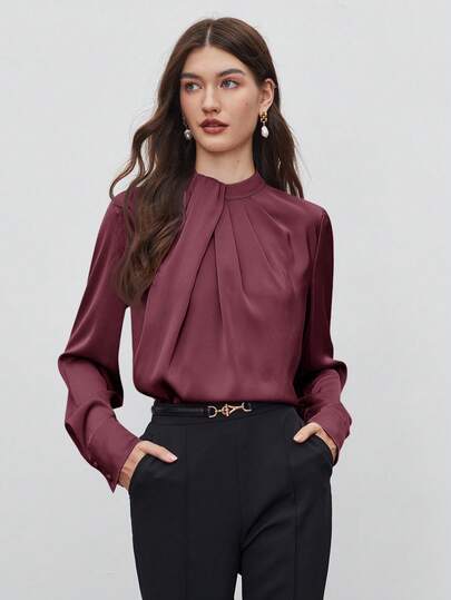 BizChic 2026 Spring/Summer New Arrival Smoked Pink Pleated Collar Design Women's Pullover Blouse, Vintage Chic Urban Commute Everyday Casual Romantic Outfit, 90s Style, Suitable For Christmas, New Year, Thanksgiving, Elegant Party, Beach, Graduation, Versatile & Minimalist, Suitable For Wedding Guest, Host, Date, Party, Concert, Brunch, Airport And Multi-Occasion