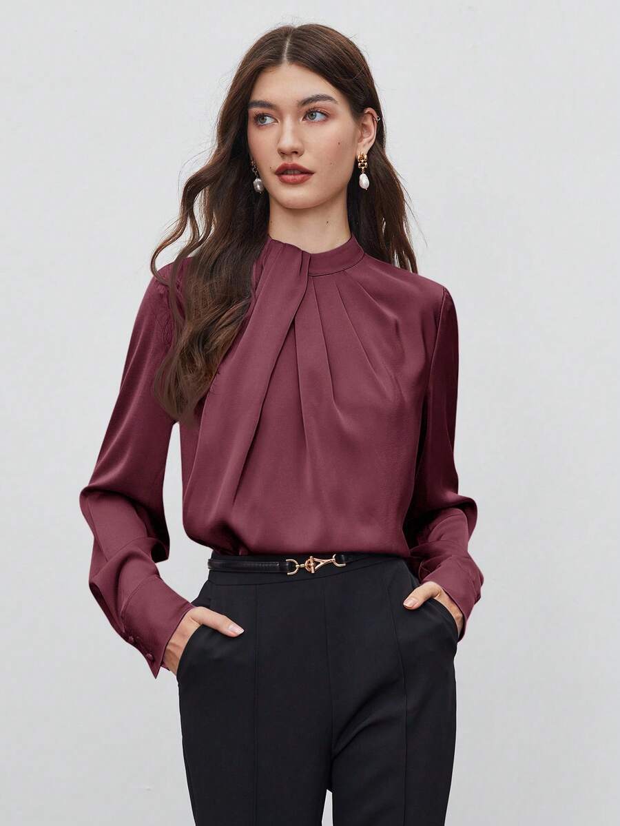 BizChic 2026 Spring/Summer New Arrival Smoked Pink Pleated Collar Design Women's Pullover Blouse, Vintage Chic Urban Commute Everyday Casual Romantic Outfit, 90s Style, Suitable For Christmas, New Year, Thanksgiving, Elegant Party, Beach, Graduation, Versatile & Minimalist, Suitable For Wedding Guest, Host, Date, Party, Concert, Brunch, Airport And Multi-Occasion - Purple - View 1