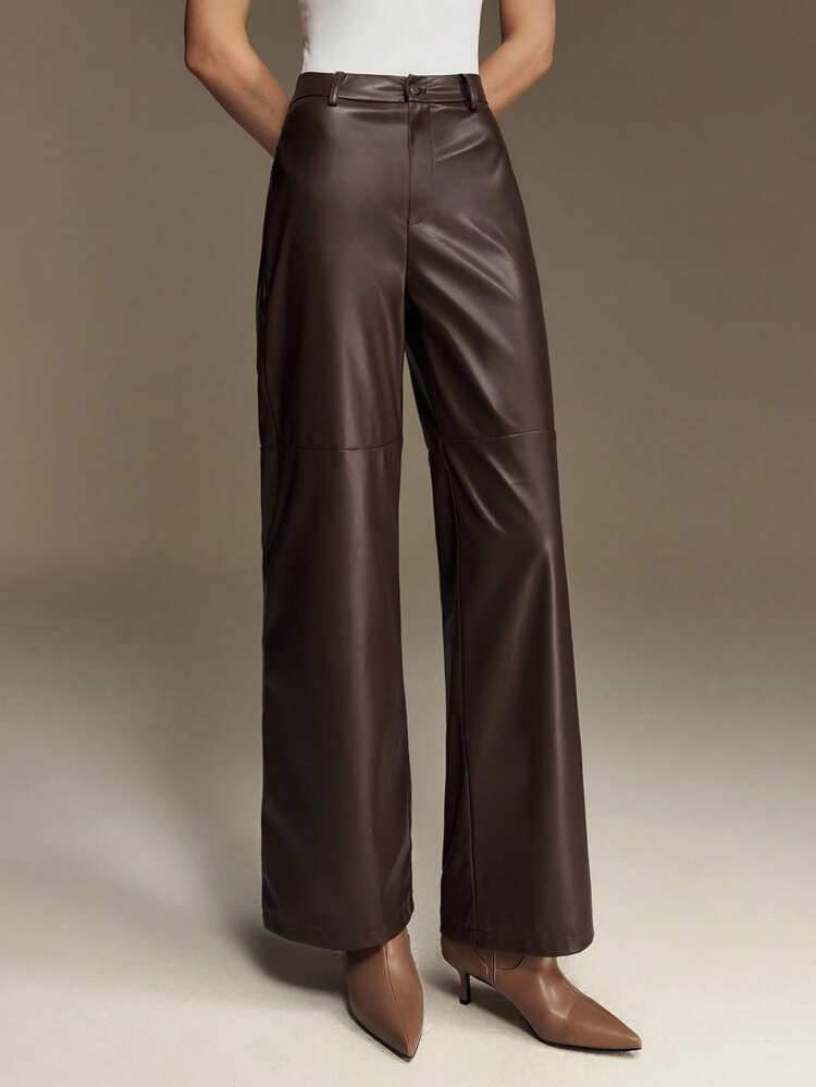 Women's PU Leather Pants With Symmetrical Panels,Elegant Office Winter Attire In All Shades Of Brown,Urban Commute Business Casual For Holidays