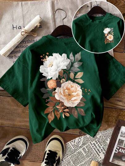 INAWLY 春夏新款字母印花圆领休闲百搭短袖T恤，复古风，热转印花卉纹理面料，通勤百搭，柔软亲肤面料，适合户外穿着，新款女式上衣，女式印花T恤，女式衬衫，女士情人节装扮，节日服装，春季，女士节日服装，春夏女装