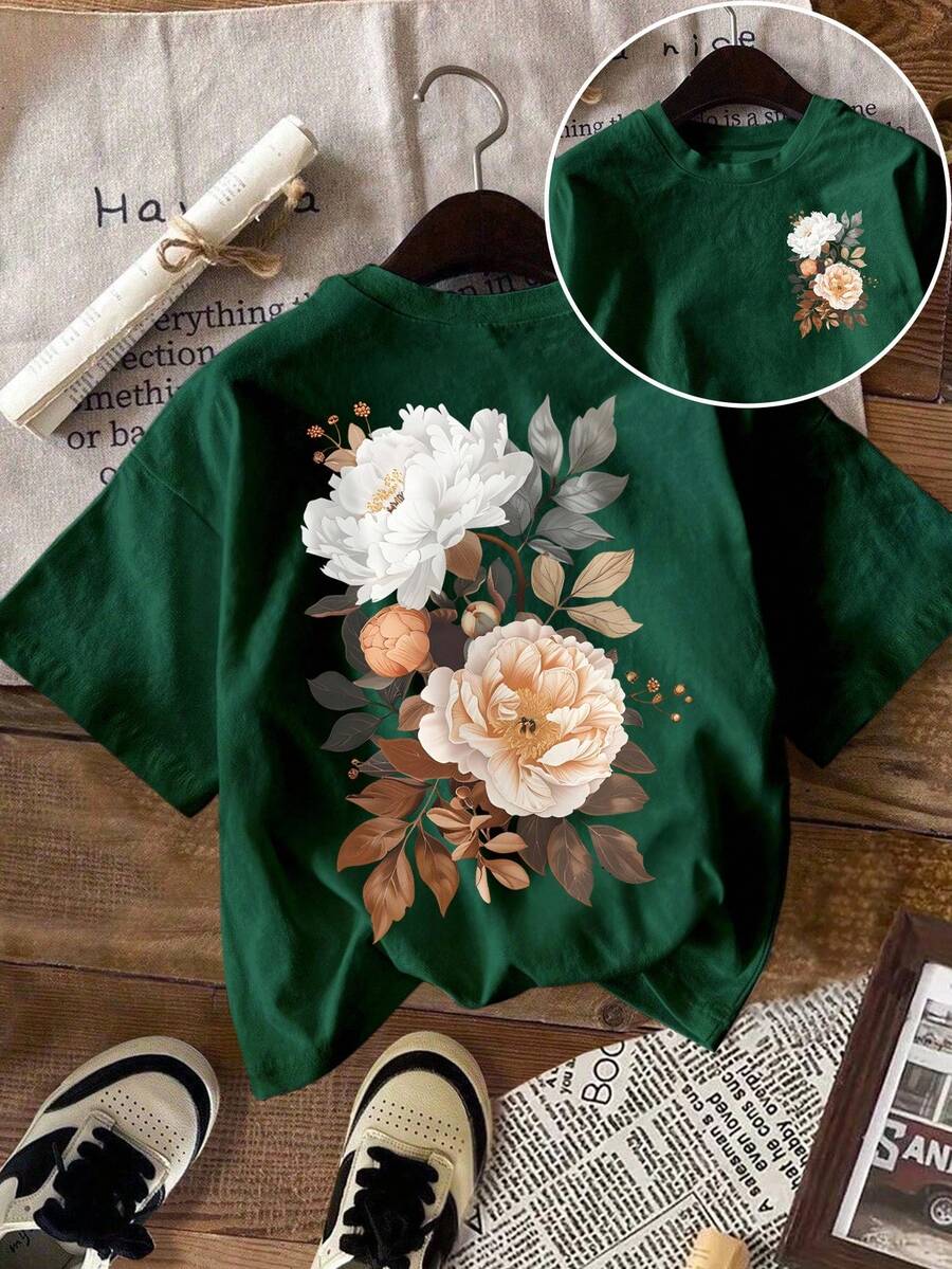 INAWLY 春夏新款字母印花圆领休闲百搭短袖T恤，复古风，热转印花卉纹理面料，通勤百搭，柔软亲肤面料，适合户外穿着，新款女式上衣，女式印花T恤，女式衬衫，女士情人节装扮，节日服装，春季，女士节日服装，春夏女装 - 墨綠色 - 查看 1