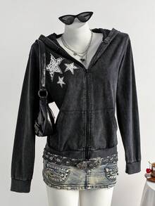 Comfortcana Women's Washed Cotton Star Print Zip-Up Sweatshirt Winter Clothes For Women Christmas New Year Women Black Y2K - Black - View 1