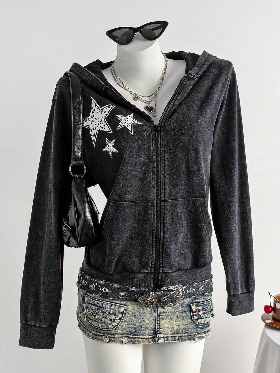 Comfortcana Women's Washed Cotton Star Print Zip-Up Sweatshirt Winter Clothes For Women Christmas New Year Women Black Y2K - Black - View 1