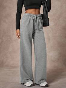 Women's Solid Elastic Waisted Drawstring Wide Leg Casual Sweatpants - Light Grey - View 4