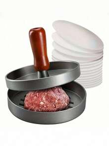 1Set Stainless Steel Hamburger & Patty Maker Mold With Wooden Handle, Non-Stick - Includes 100pcs Patty Papers.