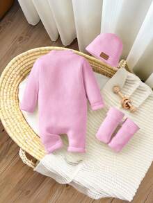 Newborn Baby Girl Cute Knitted Jumpsuit, Footie & Hat Set, Versatile For Autumn/Winter - Pink - View 2