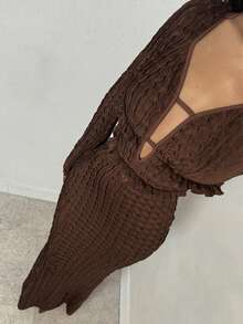 Glamine Women's Coffee Brown Knitted Jacquard Deep V-Neck Hollow Out Frill Trim Long Sleeve Bodycon Maxi Dress,Elegant Autumn Night Out Party Gathering - Khaki - View 5