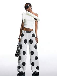 LYSMO 女士波点针织裤，秋冬季 - 深灰色 - 查看 3