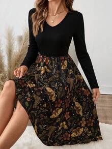 SHEIN Clasi 女士优雅印花黑色连衣裙，适合通勤和休闲穿着，秋冬季 - 黑色 - 查看 4