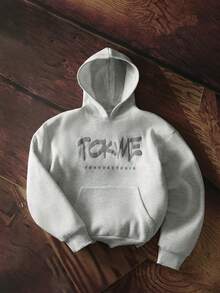 TOKVUE 男士字母印花长袖口袋休闲连帽衫 - 淺灰色 - 查看 4