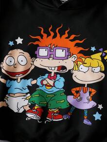 Nick 90s | SHEIN 2pcs/Set Young Boy Cartoon Figure Graphic Black Casual Hoodie Sweatshirt And Pants Set - Black - View 4