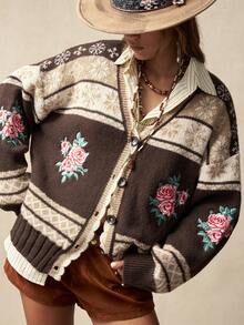 Bohemela 波西米亚风秋冬春女式复古提花撞色百搭简约花卉刺绣长袖开衫，宽松舒适，适合海滩度假、日常穿着、返校季、外出、新年、情人节、2000年代风格、夏季假期、海滩、冬春季等场合。 - 摩卡棕 - 查看 8