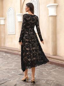 EMERY ROSE Elegancka damska sukienka midi z koronką i dekoltem w serek i długim rękawem