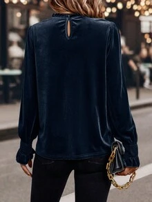 SHEIN LUNE 纯色立领长灯笼袖宽松衬衫 - 藍色 - 查看 2