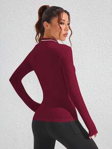 SHEIN Core Rhythm Women's Letter Print Zipper Design Sports Polo Shirt Long Sleeve Sports Top Burgundy Top Blouse Gym New York Outfits Gym Long Sleeve Tops - Burgundy - View 2