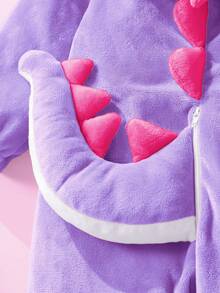 SHEIN 新生儿可爱趣味水晶毛绒3D恐龙造型连体衣，长袖长裤套装 - 紫羅蘭色 - 查看 4