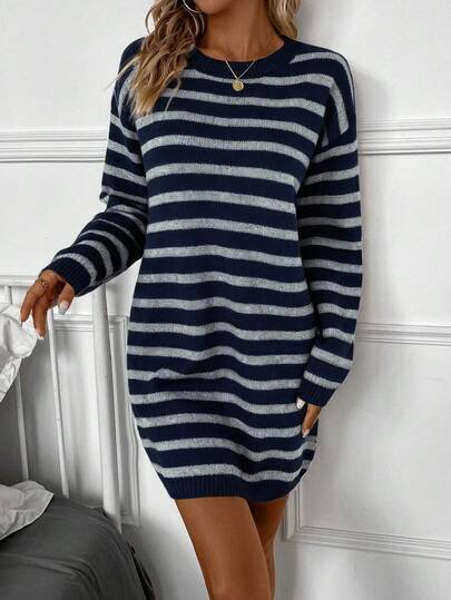 SHEIN LUNE Women's Casual Striped Round Neck Drop Shoulder Long Sleeve Knitted Dress, Autumn/Winter