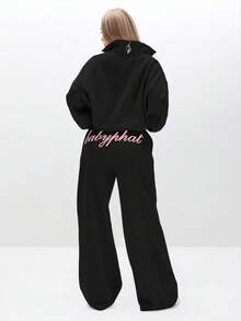 BABYPHAT 女士宽松运动裤，休闲居家服，刺绣文字Logo，宽松版型，阔腿慢跑裤，舒适日常穿着 - 黑色 - 查看 5