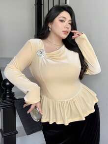 Dazy Plus Valentine Velvet Oblique Collar Rhinestone Decor Fitted Elegant Pullover Long Sleeve Blouse - Apricot - View 8