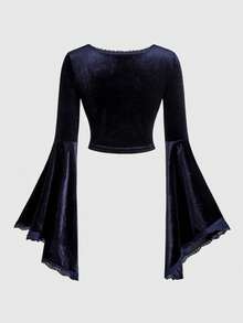 ROMWE Hippie 浪漫女巫万圣节刺绣天鹅绒百搭喇叭袖修身女式T恤 - 藍色 - 查看 2