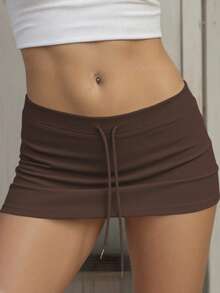 INAWLY Women's Drawstring Low Waist Basic Shorts - Brown - View 4