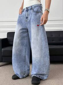 ESTAVOR 男士动物刺绣口袋宽松休闲喇叭牛仔裤 - 藍色 - 查看 3