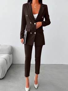 EURMUSE Bộ vest blazer tay dài hai hàng khuy trơn màu và quần âu cho nữ - màu nâu - Xem 4