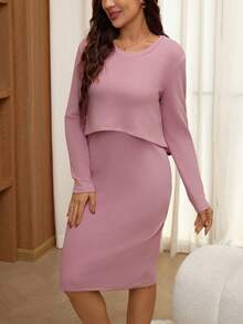 SHEIN 纯色休闲长袖宽松孕妇连衣裙 - 粉色 - 查看 7