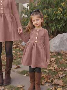 1 Piece 1SHEIN Cute Baby Girl Casual And Elegant Green Round Neck Dress With Grab Stripes Suitable For Birthday Parties, Evening Parties, Performances, Weddings, Baptisms, Opening Ceremonies Suitable For Daily Use Suitable For Travel Suitable For Autumn And Winter Seasons - Dusty Pink - View 2