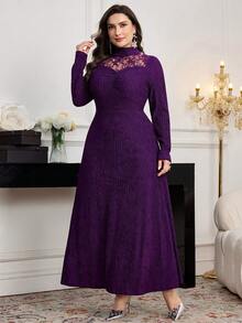 Modelyn Plus Size Women Elegant Lace Patchwork Party Dress - Red Violet - View 4