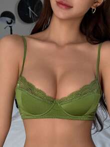 DAZY 蕾丝拼接无钢圈加厚可调节细肩带性感文胸，女士内衣 - 綠色 - 查看 8