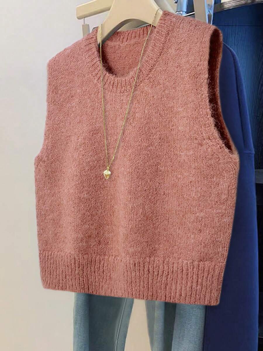 GlowEve Rompi Rajut Longgar Kasual Leher Bulat Warna Polos untuk Wanita, Musim Gugur/Dingin - Dusty Pink - View 1