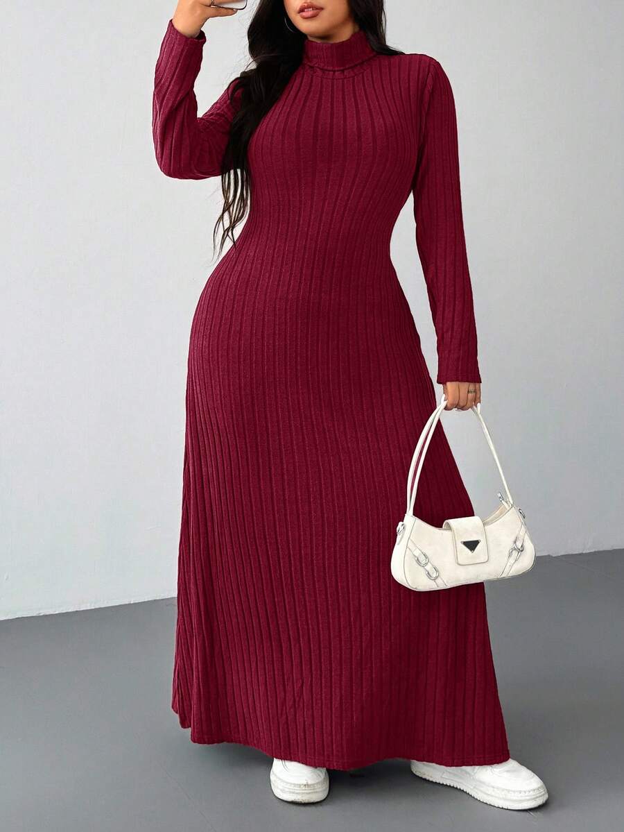 SHEIN EZwear 红色羊毛罗纹高领休闲加大码长款连衣裙,秋冬款 - 紅色 - 查看 1