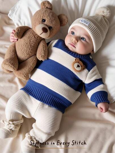 Cozy Pixies Nyfödd pojke/flicka färgglad randig rund halsringning långärmad tröja, termofodrad tjock för vintern