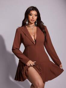 Viva Relle Đầm xòe tay dài cổ xếp ly màu trơn cỡ lớn gợi cảm cho nữ - Cà phê nâu - Xem 2