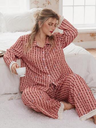 SHEIN Conjunto de pijama de manga larga con estampado floral romántico de estilo campestre, talla grande, otoño/invierno