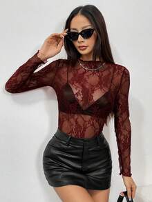 EgrlEra Petite 性感透视蕾丝修身长袖衬衫（随机裁剪） - 酒紅色 - 查看 4