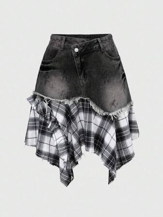 Grunge Punk Jupe en jean mini asymétrique pour femmes, style romantique punk, patchwork en jean et tartan collegiate