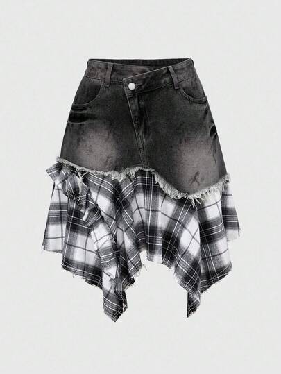 Grunge Punk Jupe en jean mini asymétrique pour femmes, style romantique punk, patchwork en jean et tartan collegiate