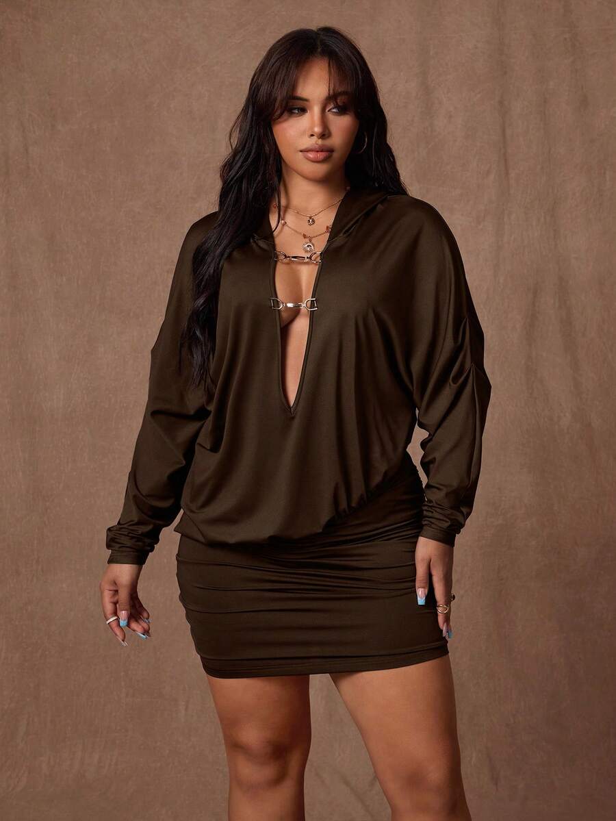 Rustia Plus Size Sexy Deep V Bodycon Hooded Dress Fall - Coffee Brown - View 1