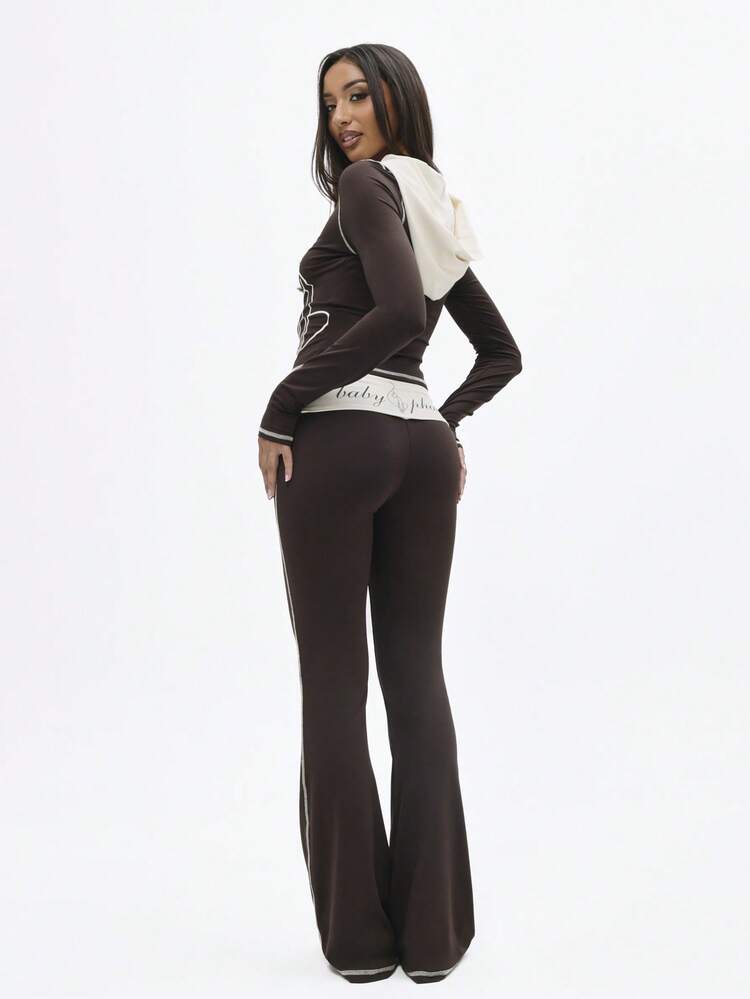 BABYPHAT Contrast Detail Flare Leggings With White Piping Cat Print High Rise Bell Bottom Wide Leg Pants