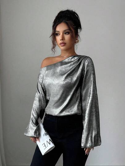 Elenzga Women's Silver Oblique Shoulder Lantern Sleeve Loose Fashion Blouse