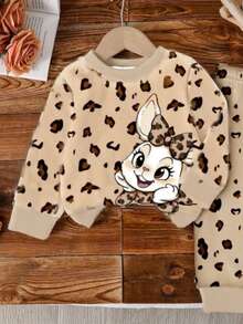 2pcs/Set Baby Girl Cute Rabbit & Leopard Print Casual Crew Neck Long Sleeve Sweatshirt And Pants Set, Suitable For Autumn/Winter - Multicolor - View 3