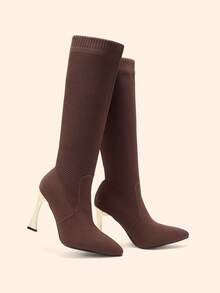 CUCCOO BASICS Damen Kaffeefarben Spitze Stiletto High Heel Elastisch Gestrickt Atmungsaktiv Schlank Bein Overknee Stiefel, Schwarz