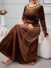 Al Najma Autumn/Winter Rhinestone Collar Long Sleeve Elegant Party & Outing Women's Arabic Dress - Coffee Brown - View 8