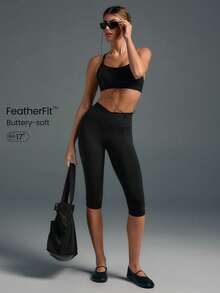 GLOWMODE 17" FeatherFit™ Crossover Waist Front Special Seam Cutie Capri Leggings Low Impact Yoga Studio Daily - Black - View 2