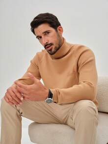 Manfinity Homme Sweater Kasual Pria Warna Polos Kerah Tinggi Lengan Raglan, Atasan Cokelat Muda Musim Gugur/Dingin Pria, Sweater Cokelat Pria, Kerah Mock Pria, Aprikot - Coklat - View 4