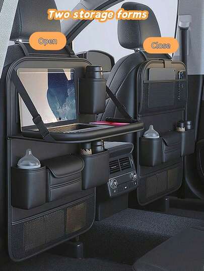 1个装汽车座椅靠背收纳整理架，可折叠托盘 - 多功能车载储物盒，大容量收纳袋，可调节绑带，易于安装，底部可伸缩固定，多种收纳方式，保持车内整洁有序，经久耐用且易于清洁