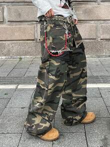 Manfinity EMRG 街头时尚迷彩小众设计双腰带口袋宽松阔腿牛仔裤 - 軍綠色 - 查看 5