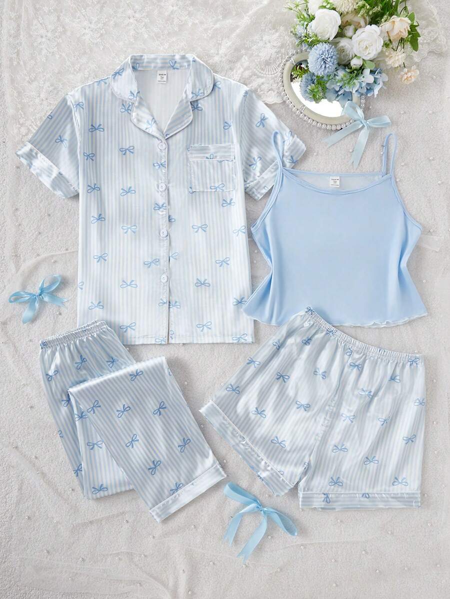 Pj Sets Tween Girls Silk  4-Piece Set - Blue White Bow Stripe Satin Silk Pajamas Set Bow Stripe Print Design Blue White Elegant Color Satin Silk Fabric Short Sleeve Shirt Camisole Shorts Pants 4-Piece Combo Social Media Style Elegant 2026 New Year Holiday Essential Teen Girls Satin Silk Home 4-Piece Set Light Blue Pj Set